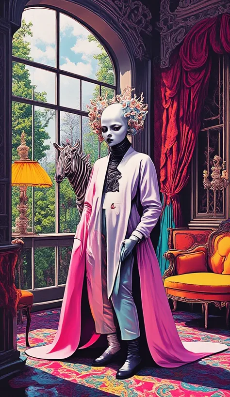 Psychedelic absurd surreal art. An asthenic model poses for a fashion magazine. Strange appearance. Strange conceptual clothes. Incredible shapes and materials. Baroque decor and decorations. The background is a large Baroque room. Lots of furniture. Fabri...