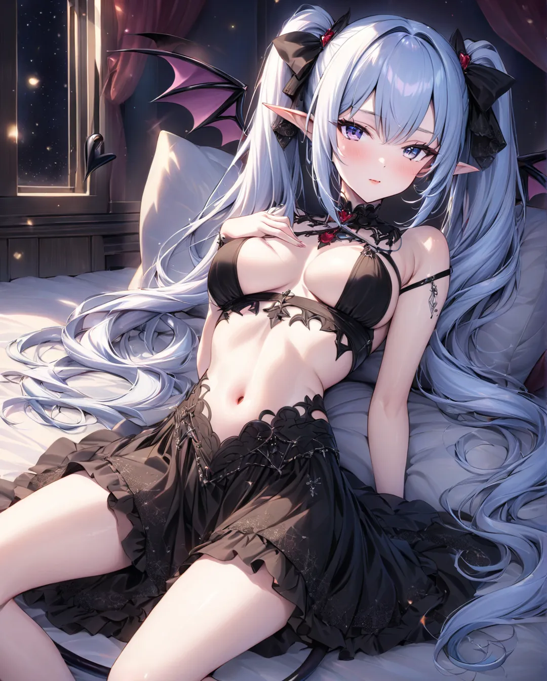 (( style:Colored pencil, Light color)), ( masterpiece:1.2), (Ultra-detailed, best quality), "A beautifully detailed anime-style succubus girl is lying on a soft cushion in a warmly lit room with sunlight streaming through a large window. She has long, silv...