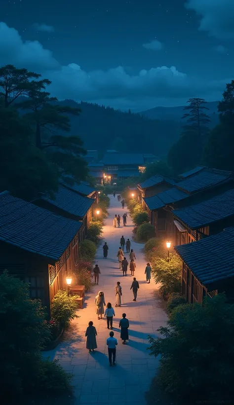 people from a town in the countryside surrounded by forest gathered in a town square at night, shot from a drone at 4k