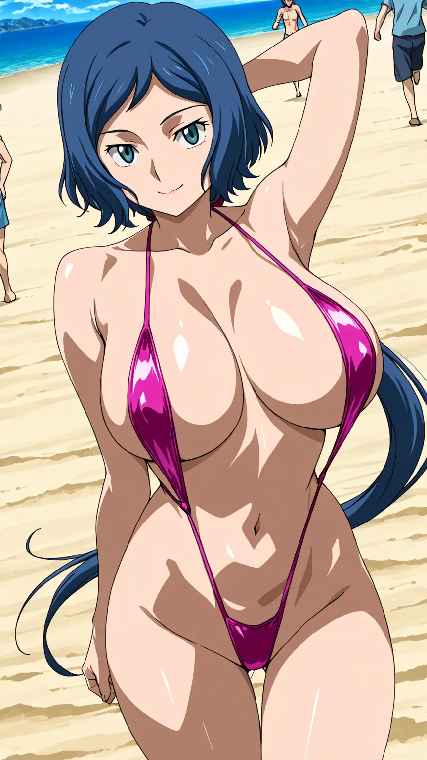  score_9,  score_8_up,  score_7_up,  source_anime,  (anime coloring, anime screencap:1.2), flat color, shiny skin,   (huge breasts),Rinko Iori/(Gundam Build Fighter),blue hair, blue eyes, sidelocks,long hair, ponytail, very long hair,,smile,(((one woman)))...