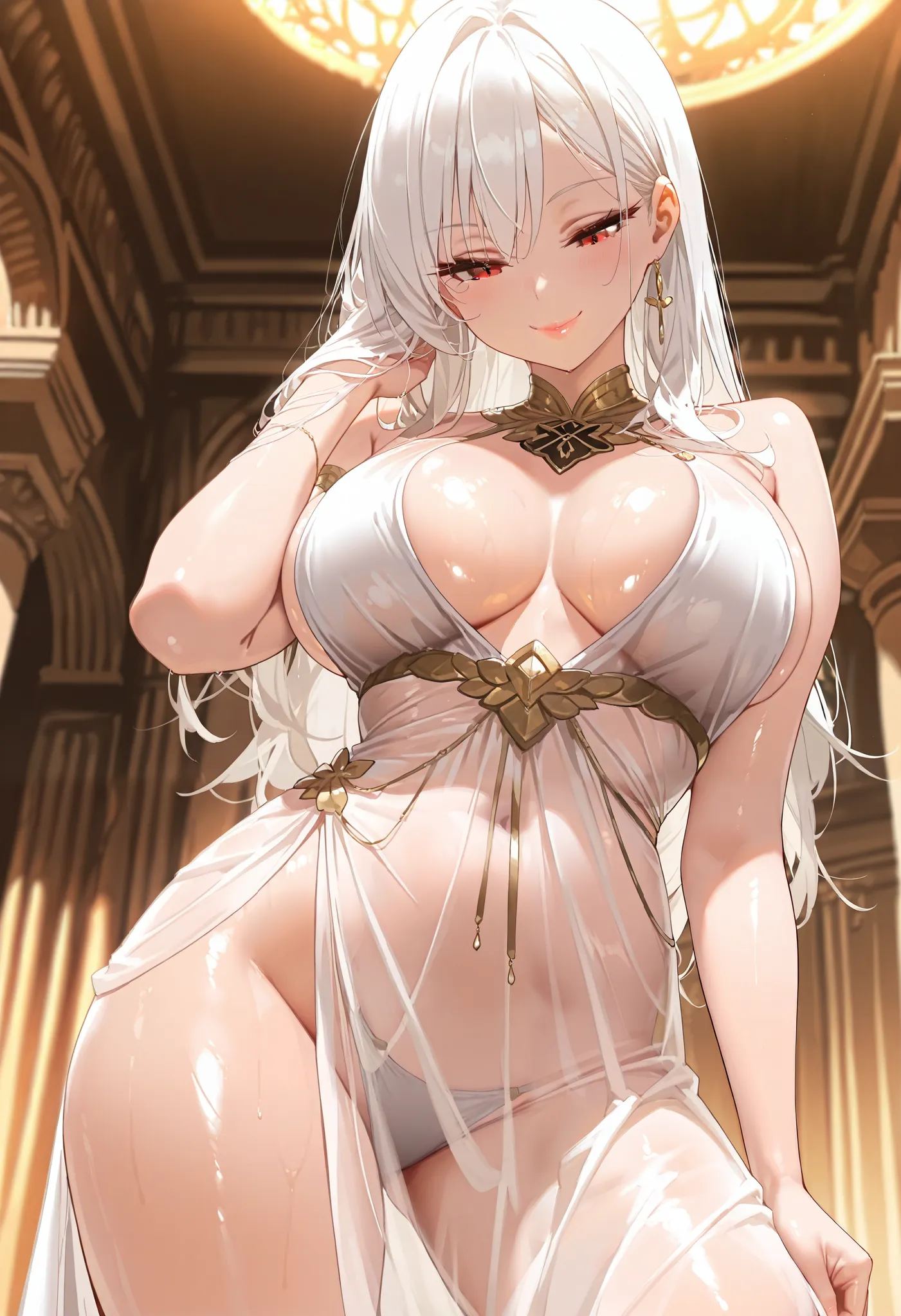 1girl ,shiny skin,seductive smile,,looking down,,,eyelashes,lips gloss,red eyes,white hair,long hair ,large breasts,beautifully shaped breasts,goddess costume,see-through dress,standing,contrapposto,hand in own hair,,,,ruins,,,(masterpiece), (best quality)...