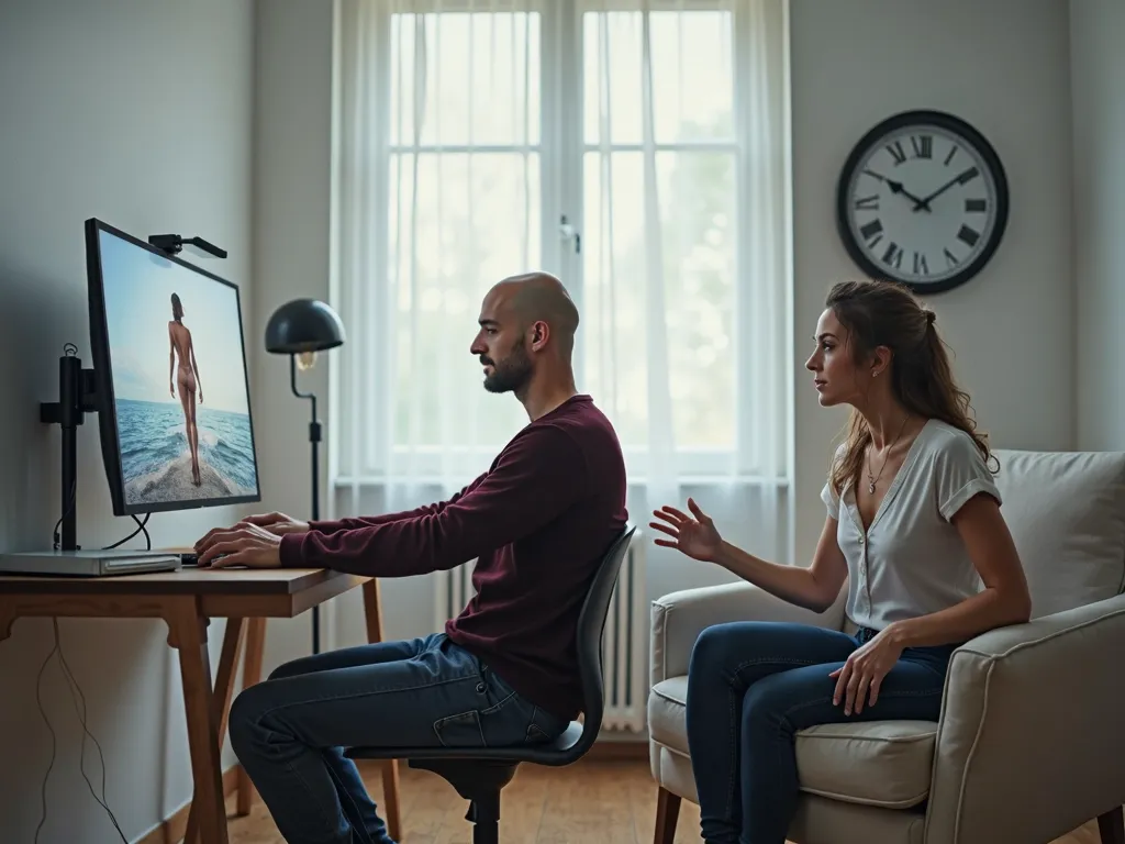 in a room with a window, with white walls, a young bald man,afraid with his head down sits on a chair next to a very large monitor. He looks at the screen. On the monitor screen, you can see a woman against the background of the sea. The man is dressed in ...