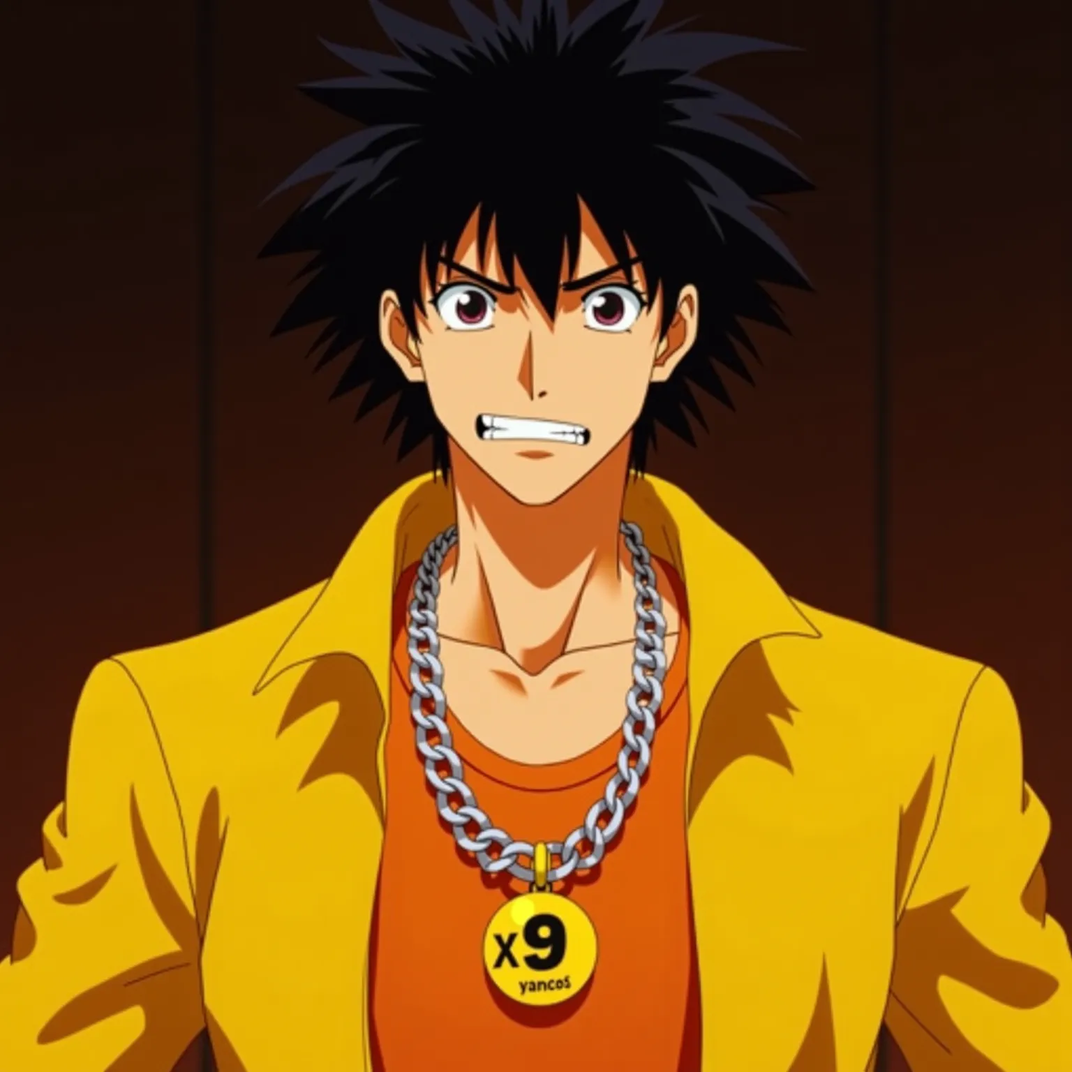 best quality, 1 man, 90s anime,35 years old man, mature ,,a pfp ,pfp,blank and glowing eyes, giving a cool and mysterious aura. Wearing Open Soft Shell yellow jacket, tan skin,
With a Cuban link necklace with a #9 pendant.
A grin type snarl with teeth show...