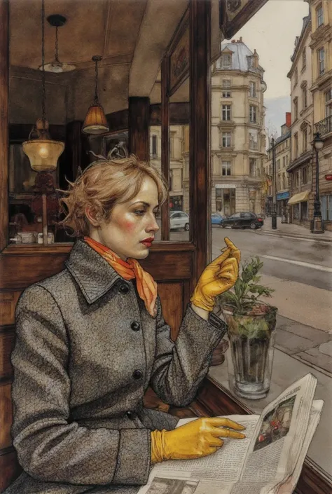 View from the sidewalk from the street through the window.Outside the window, a woman with short tousled blond hair is seen sitting half-turned by the window and reading a newspaper. A thoughtful look into the distance, through the glass.A large grey speck...