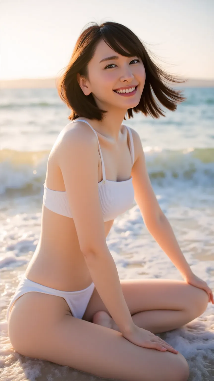 ( open:1.5)、I'm spreading my legs、the knees are apart、 A Japanese woman 、(Take a picture of her in front:1.5)、looking at the camera、beautiful、cute、Jet Black Hair、Very very long hair、 hair that flutters in the wind、Pure white teeth、smile、white micro bikini、...