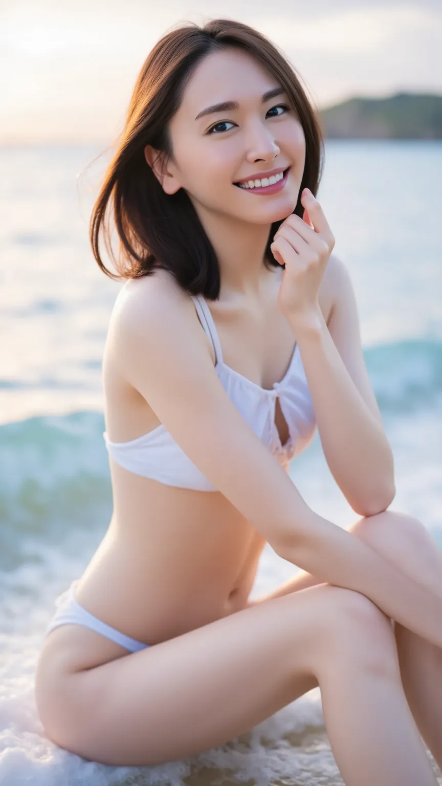 ( open:1.5)、I'm spreading my legs、the knees are apart、 A Japanese woman 、(Take a picture of her in front:1.5)、looking at the camera、beautiful、cute、Jet Black Hair、Very very long hair、 hair that flutters in the wind、Pure white teeth、smile、white micro bikini、...