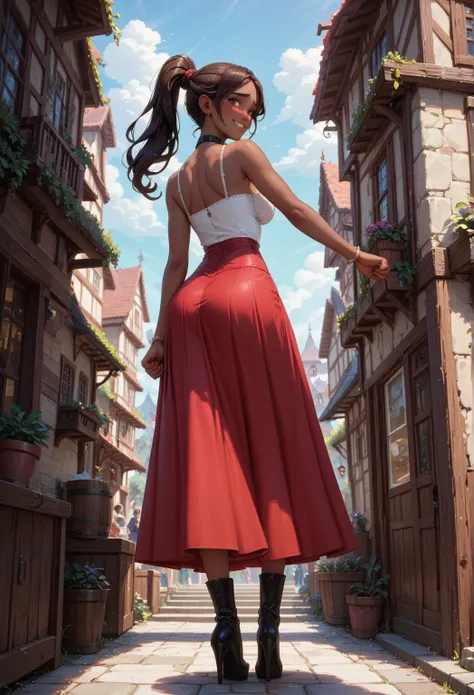 1 ,  long hair, ponytail, together, dark skin,  brown hair, village, is,  embarrassed face ,  smile, super embarrassed, big boobs, dark skin, Alone, 1 , looking at the viewer, front view, standing,  wood skin, collar,  cleavage,  bare shoulders , Shoulder ...