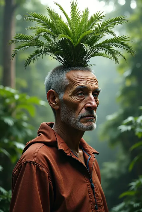 Make an old male person, bald and with a palm tree on his head 