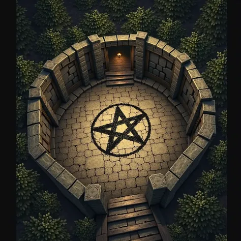 Layout map overlooking the medieval fantasy basement of a cabin in the woods. It's abandoned. A pentagram is painted on the floor in the middle of the basement. There are 4 supporting columns in the basement, that support the roof. Stairs from above lead t...