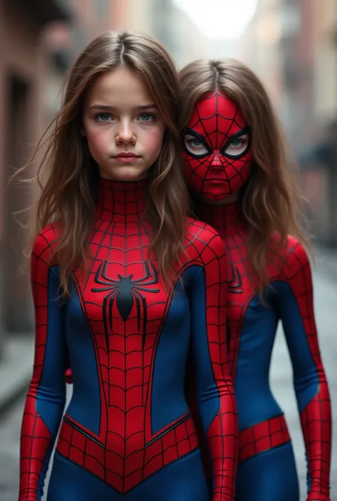 That she is disguised as Spiderman Marvel and that her hair color is brown and that another girl is the same age