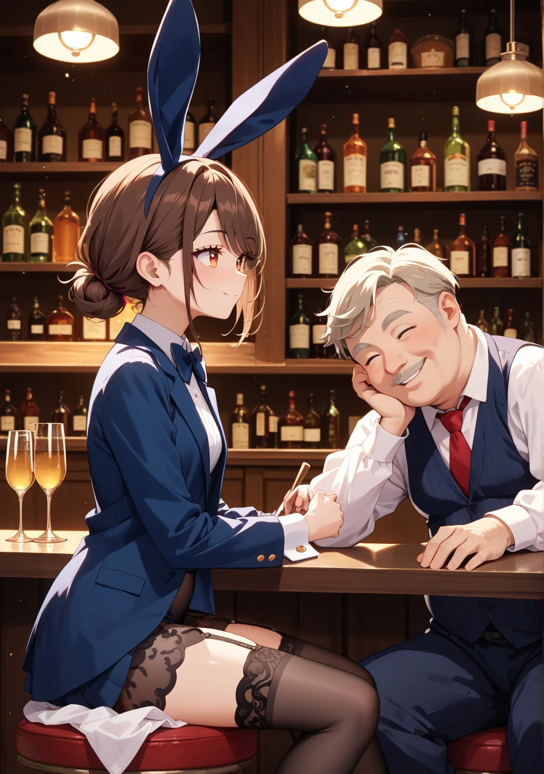 nsfw,1 girl,low bun,brown hair,brown eye,short hair,swept bangs, expressionless, her eyelids heavy,bunny girl,night,,,nsfw,{{fat middle age men}},suspender stockings,garter belt,black leotard,bar counter,sit, black long blazer,from side,fat old man, drunk,...