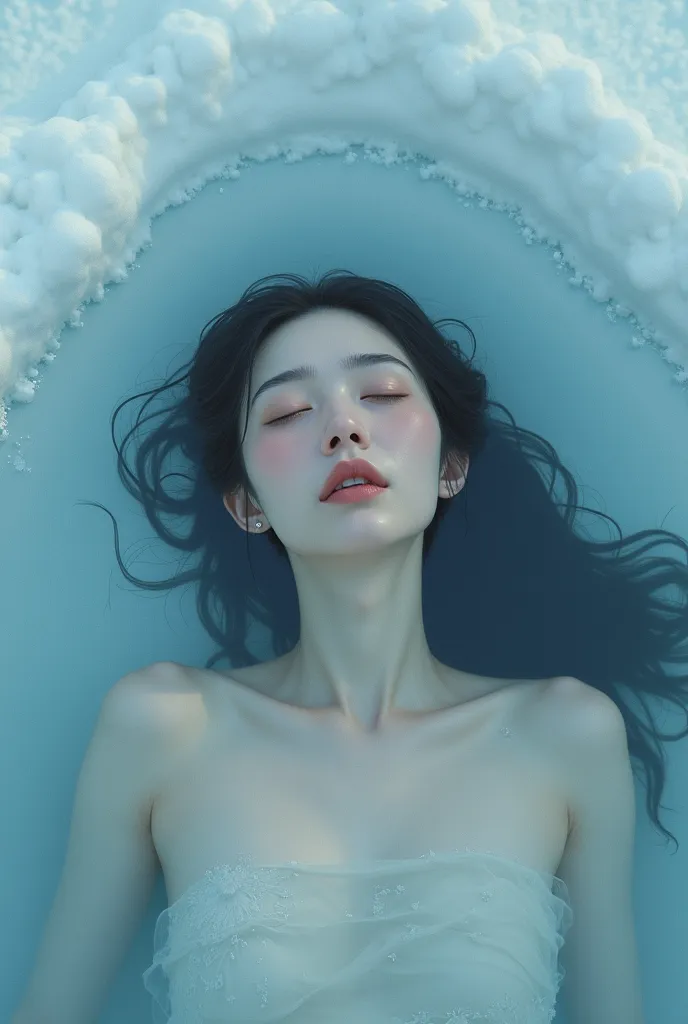 super realist, a japanese woman sleep under ice lake, only showing chest