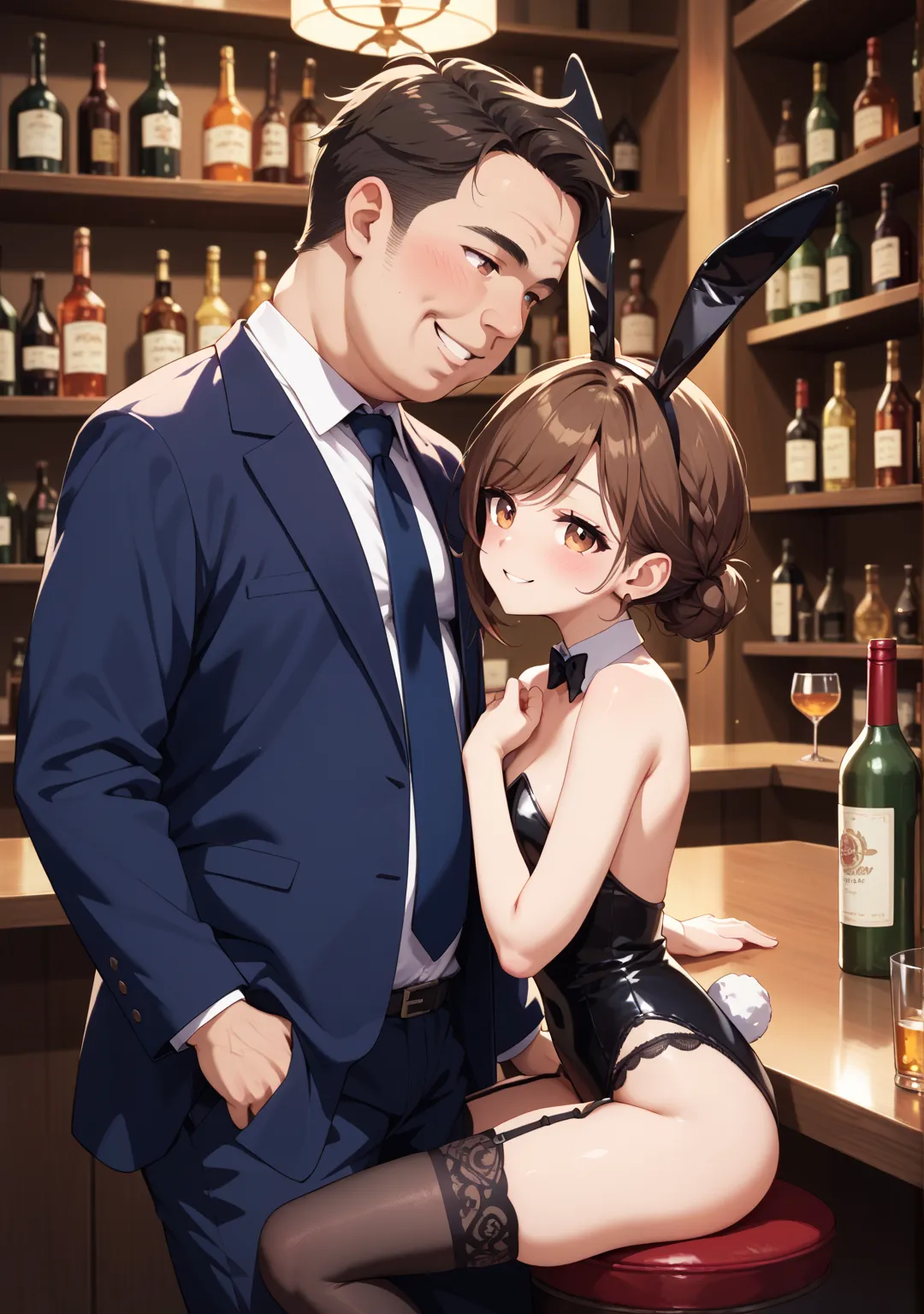 nsfw,1 girl,low bun,brown hair,brown eye,short hair,swept bangs, expressionless, her eyelids heavy,bunny girl,night,,,nsfw,{{fat middle age men}},suspender stockings,garter belt,black leotard,bar counter,sit, black long blazer,from side,fat old man, drunk,...