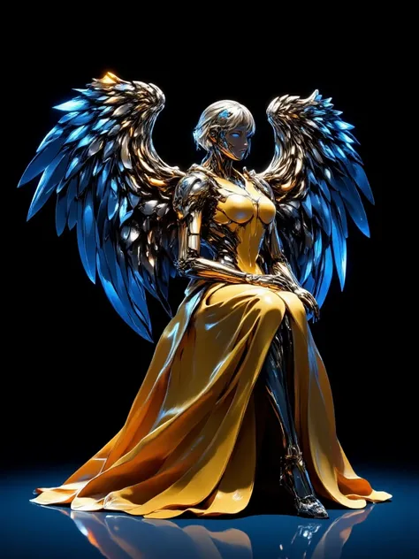 Gigantic Golden droid angel side view sitted on a corner and crying rainbow flash with a little droid on the shoulder, classy fancy long robe, big opened wings that features and is filled of multiple blue screens displays with a white code wrote, broken ho...