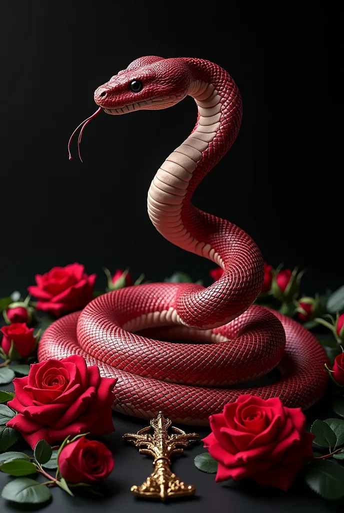 black background, Red snake, Python, roses and gold emblem, Royal