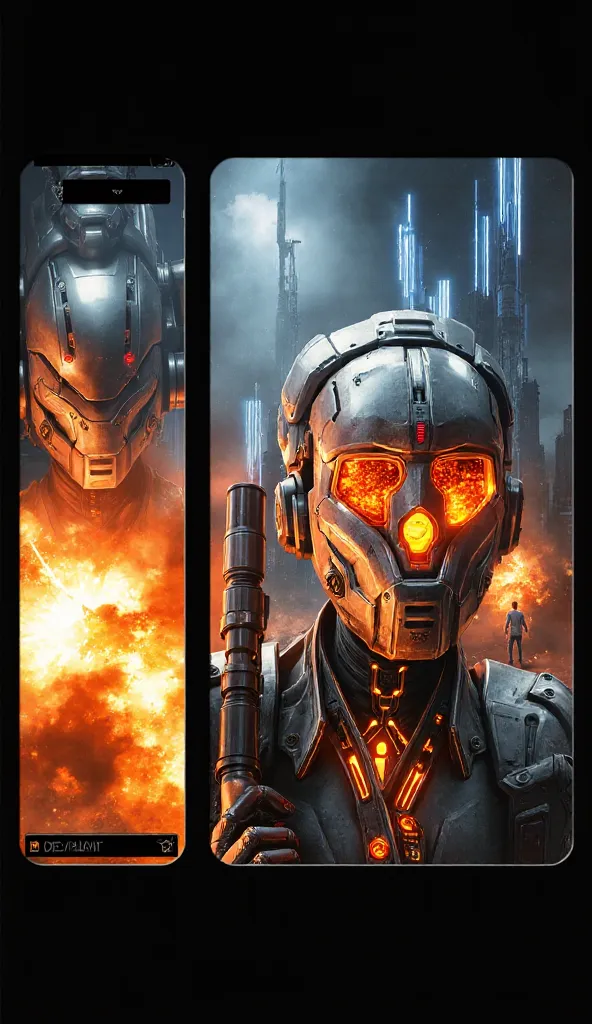 “A futuristic battlefield engulfed in chaos, with towering alien creatures attacking in the middle of an explosion and smoke. A soldier wearing a sturdy war suit, mechanical exosuit with intricate detail and a flaming core of energy stands dashing in the c...