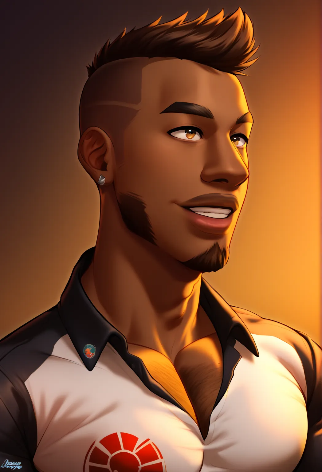 4K,  Masterpiece, an exaggeratedly muscular and large bodyguard, beefy build, beard, dark-skinned african american male, smiling, buzzcut hair with square line, buzzcut hairstyle, faded haircut black colored hair, surprised expression, fur collared jacket ...