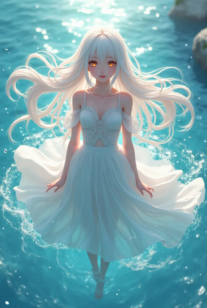 anime girl with dynamic pose long white flowy hair nice calm face with orange eyes ocean themed