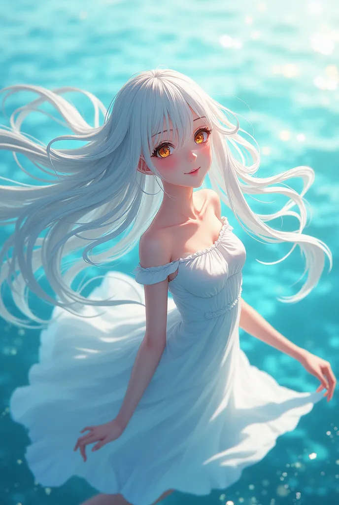 anime girl with dynamic pose long white flowy hair nice calm face with orange eyes ocean themed