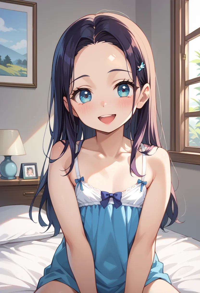 ((Highest quality)), ((masterpiece)), (be familiar with), perfect face, indoors, bedroom, watching viewers,
One woman,  Gamemun Neko ,
open mouth, ecstatic expression, blush, smile,
 small tits, flat chest, Young girl,  lori,  ,  girl,
long hair, long hair...