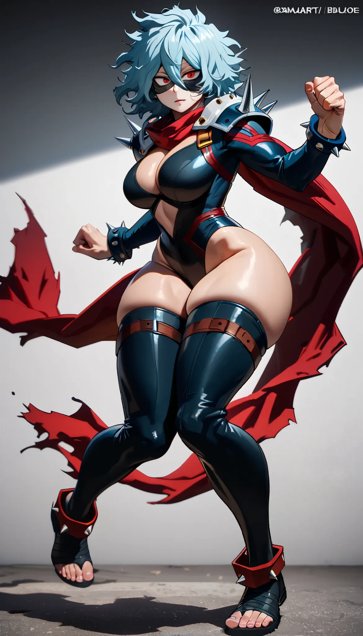 (Shigaraki Tomura), My Hero Academia, (gender bender), Female, 20 Years old, ((My Hero Academia Style)), (long, unkempt cyan blue hair), (wide hips), (slender waist), (medium thighs), (large breasts), (wide calves), (red eyes), leather gloves, black leathe...