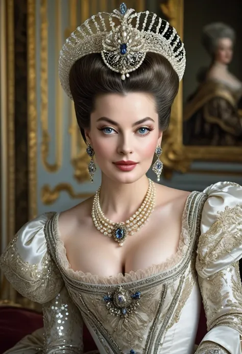 An authoritative and powerful real photo of a beautiful and celestial and majestic Madame de Pompadour who is a chief mistress of King Louis XV with large elegant, hawk-like-nose, who embodies old fashioned class, sophistication, elgance as well as wholeso...