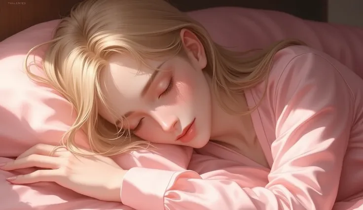 Lisa  une fille de 16 ans cheveux blonds qui porte un pyjama rose, She is fast asleep, a light smile on her face, a sign that she is finally at peace.