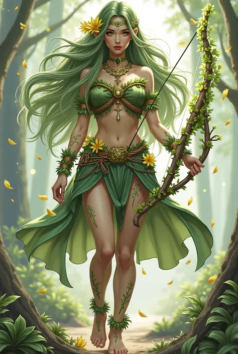 Lysara is a female character with an elegant and wild appearance, at one with nature. Her long, wavy, greenish-toned hair waves gently in the wind, with small flowers, leaves and branches. The ends of her hair seem to shine slightly, reflecting the magic o...