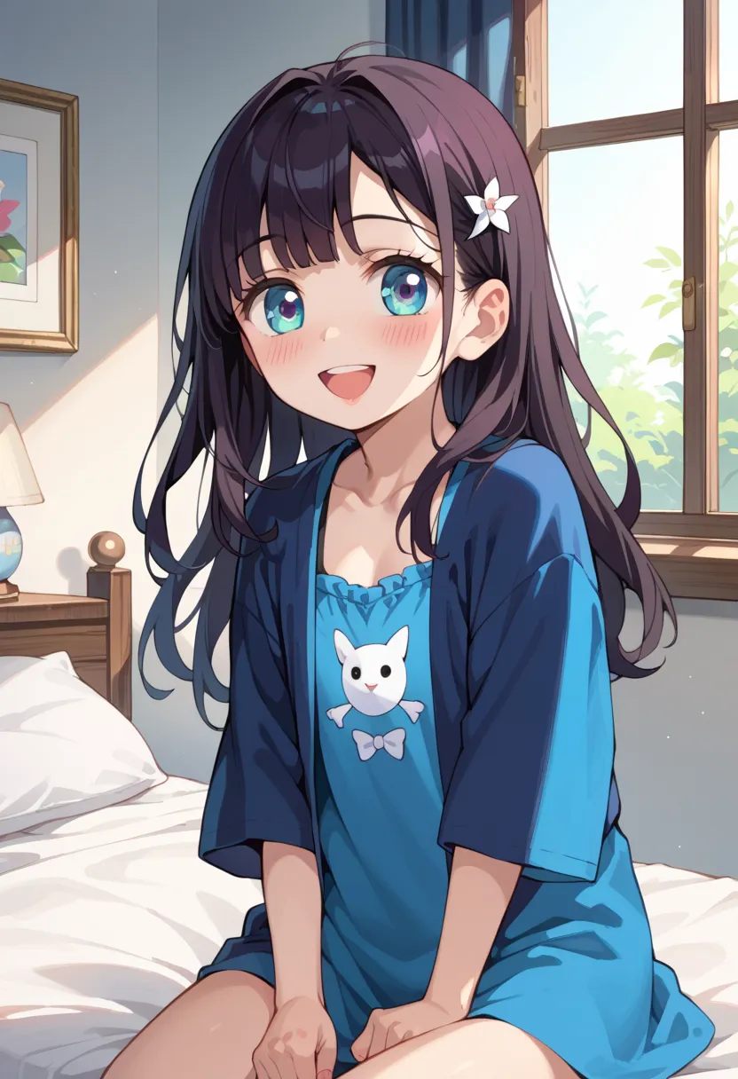 ((Highest quality)), ((masterpiece)), (be familiar with), perfect face, indoors, bedroom, watching viewers,
One woman,  Gamemun Neko ,
open mouth, ecstatic expression, blush, smile,
 small tits, flat chest, Young girl,  lori,  ,  girl,
long hair, long hair...