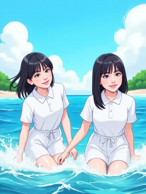 two girls in white polo shirts, Elementary school students playing in the ocean、Fine weather、upper body
