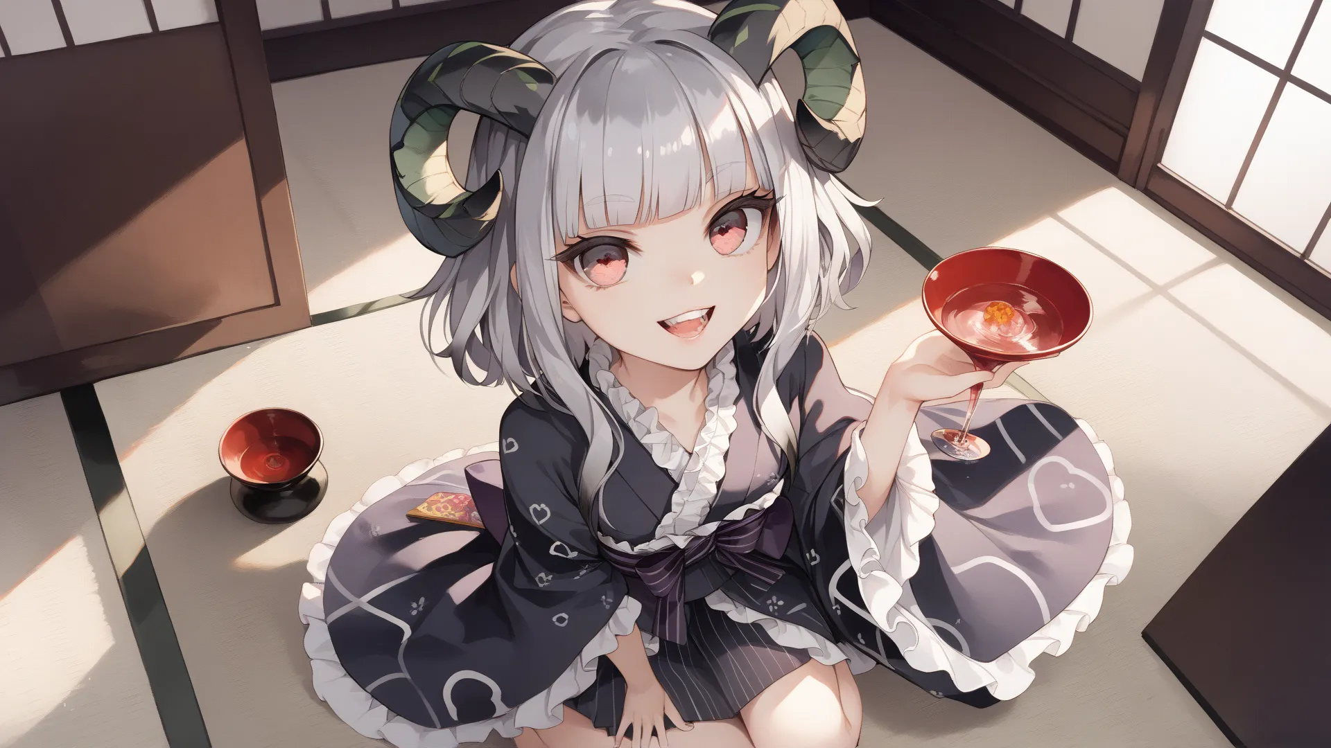 2k,  1girl , One picture,  composition from above, full body illustration, 26 years old, Front face, Gray Hair,  double teeth, frill kimono,  gothic punk, yandere, menhela, asymmetry bangs, swept bangs, blunt bangs,  Japanese sake , drinking,  drink alcoho...