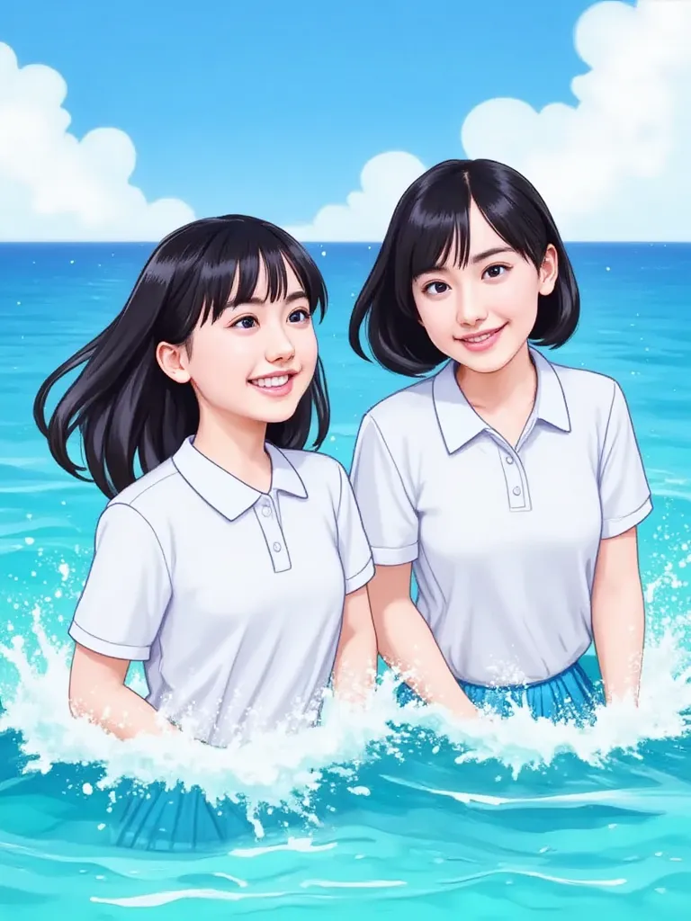 two girls in white polo shirts, Elementary school students playing in the ocean、Fine weather、upper body
