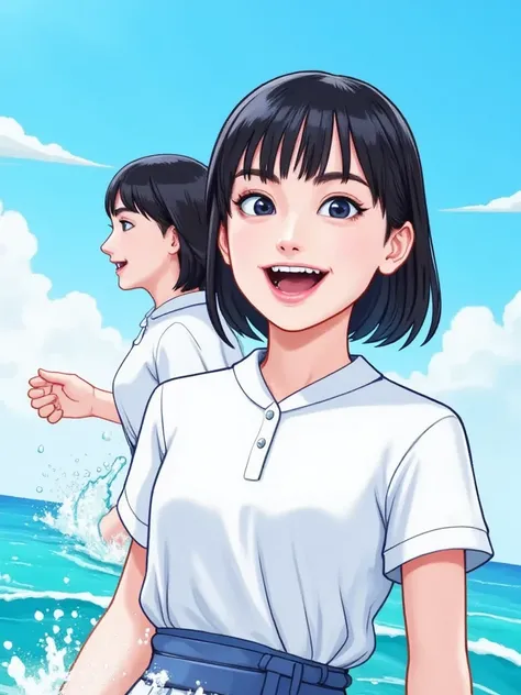 two girls in white polo shirts, Elementary school students playing in the ocean、Fine weather、upper body
