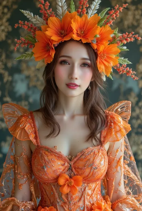 (anthropomorphic flower), (girl and flower merge), Flower Fairy, I drew a shining girl in detail, (Girl looking at viewers and smiling:1.3), Ornate and lavishly decorated figure, Picture of a shining person,long hair,( upper body photo), Calm Atmosphere,It...