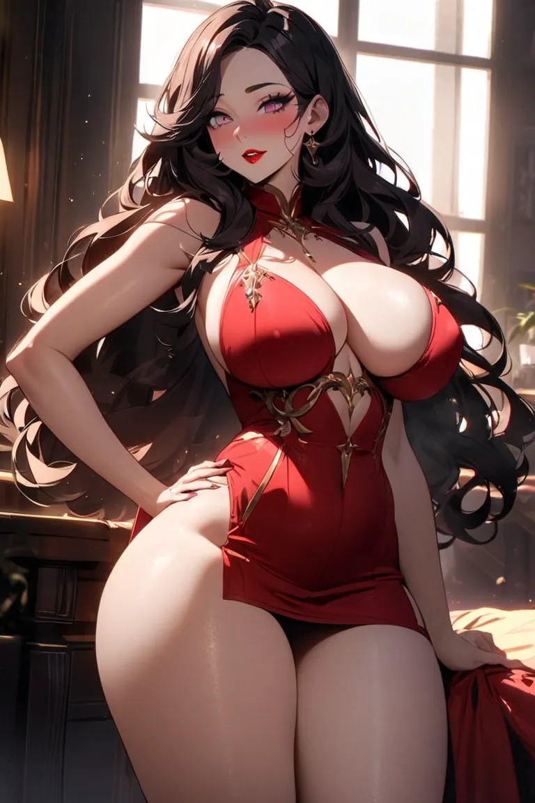 Beauty、older sister、Steamy、 Hair、very big breasts、The body type is a little thick、blush、makeup、 red lips、 The outfit is a miniskirt、Location: Living room、Time: noon