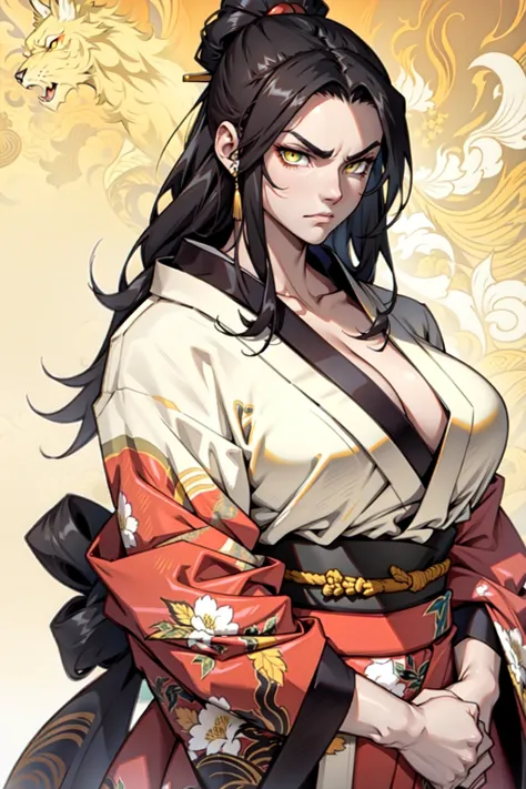 1girl black hair yellow eyes very long hair pale skin angry bodybuilder huge breasts muscular toned body ((kimono))