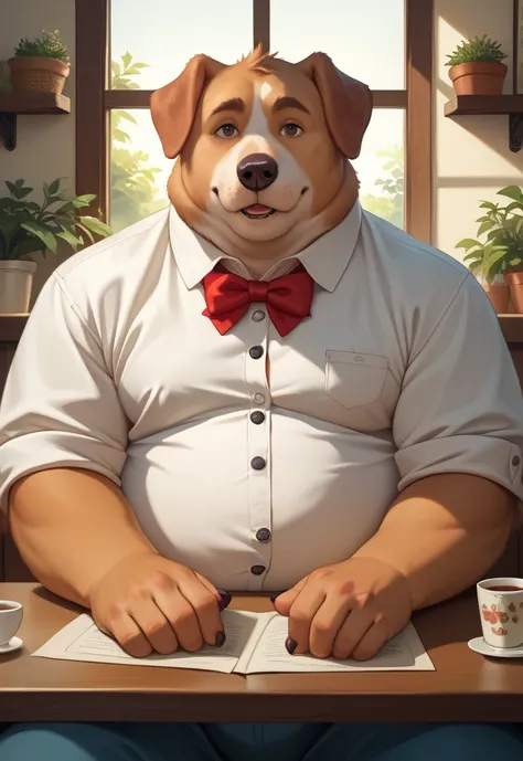 Furry dog, fat, huge belly, fat cheeks, sitting in a cafe, white shirt, button popping, trousers,  Realistic anatomy, detail, 