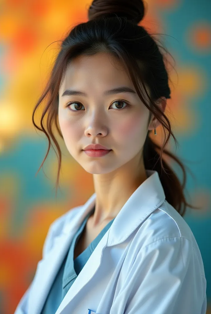 Young woman with tied hair and greenish eyes. She wears simple clothes and white doctor's coat. 
Realistic photo with bright colors in the background 
Full body photo 