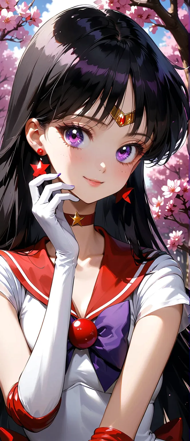 masterpiece, best quality, very aesthetic, ultra detailed, intriguing details, aamars, long hair, black hair, tiara, earrings, red choker, red sailor collar, purple bowtie, white shirt, elbow gloves, white gloves, small breasts, hand on own face, 1girl, «u...