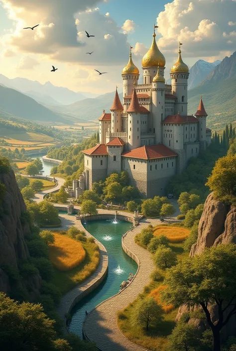 Description of the Kingdom of Luminara
From a distance, the Kingdom of Luminara extends majestically between golden hills and green valleys. in the center, Dominating the landscape , stands a large castle with tall towers and golden domes ,  reflecting sun...