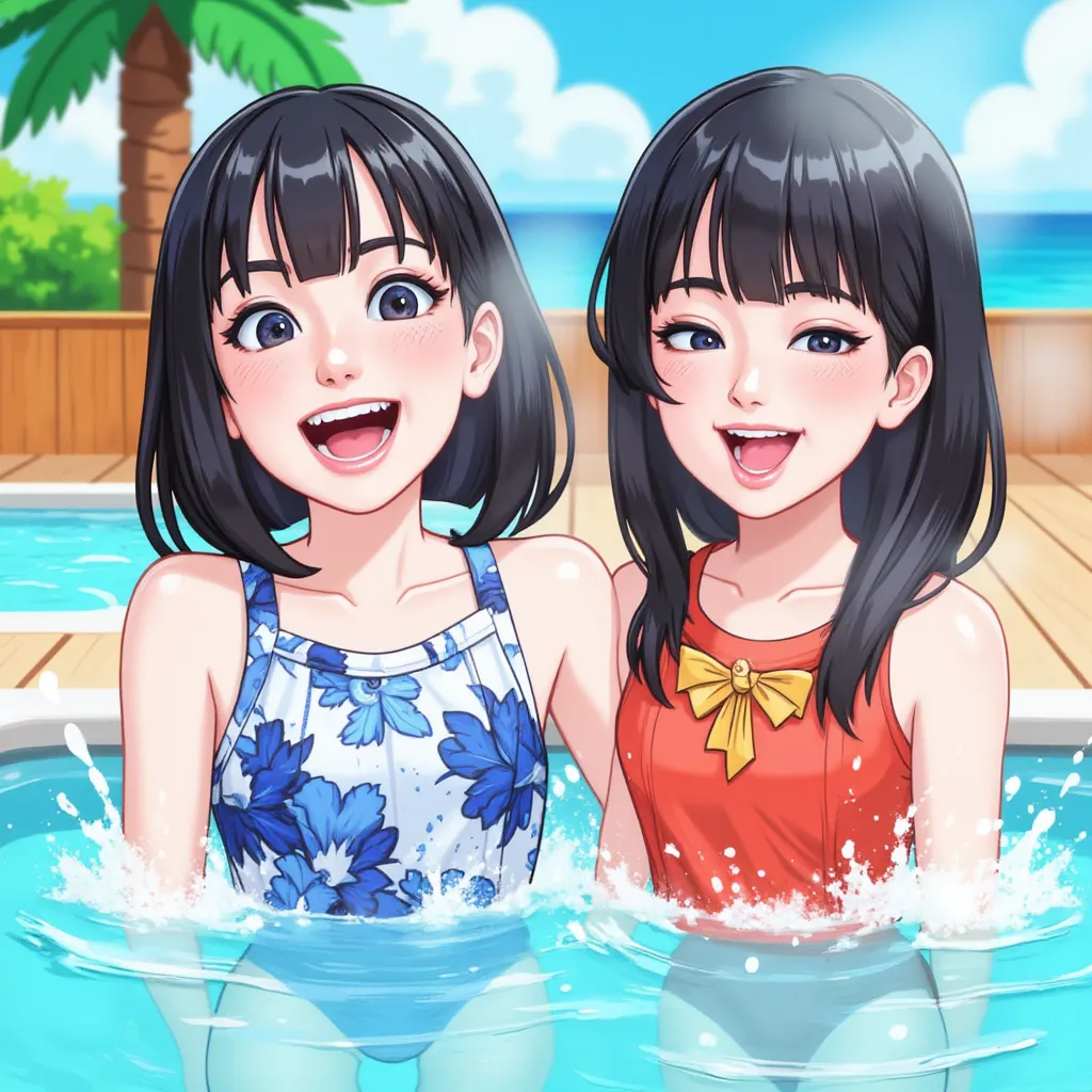 Two Girls、Elementary school students playing in the pool、 Hot Summer Day、upper body
