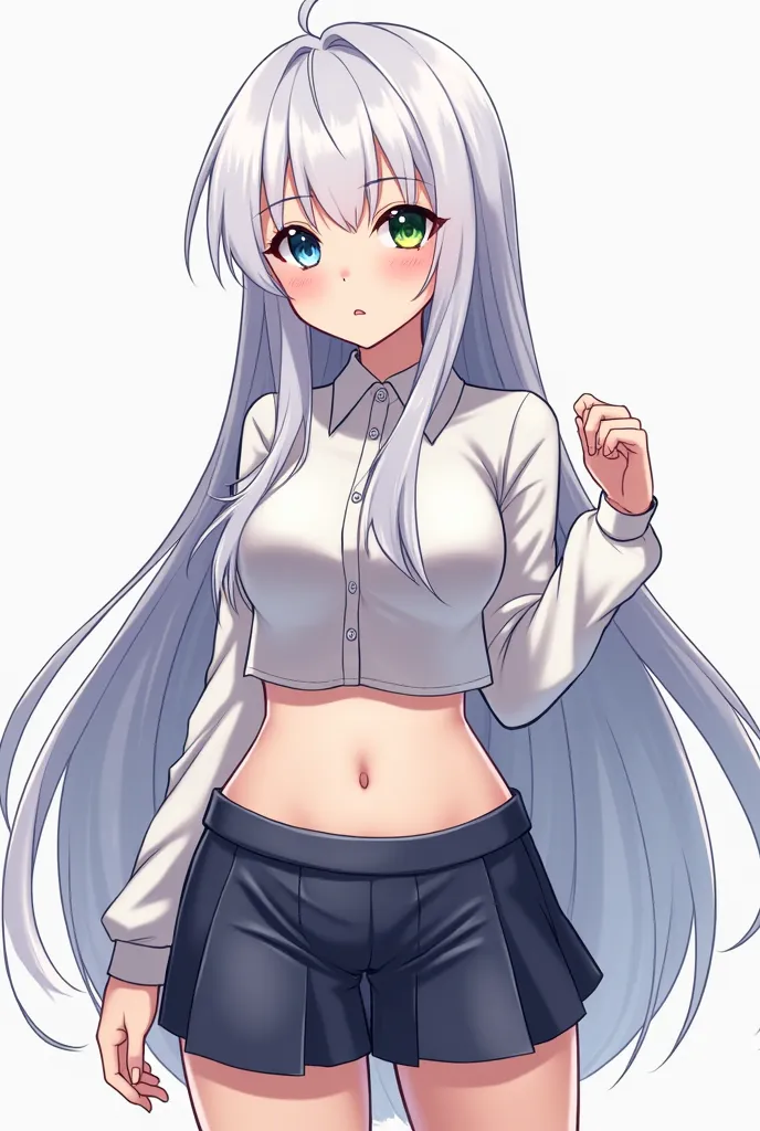 Draw the character Tristan Liones in a female version in anime style , She has long white hair with fringes and one eye is blue and the other is green ,  measures 1,63 but add chest and hips and a style of clothing with a short skirt and blouse 