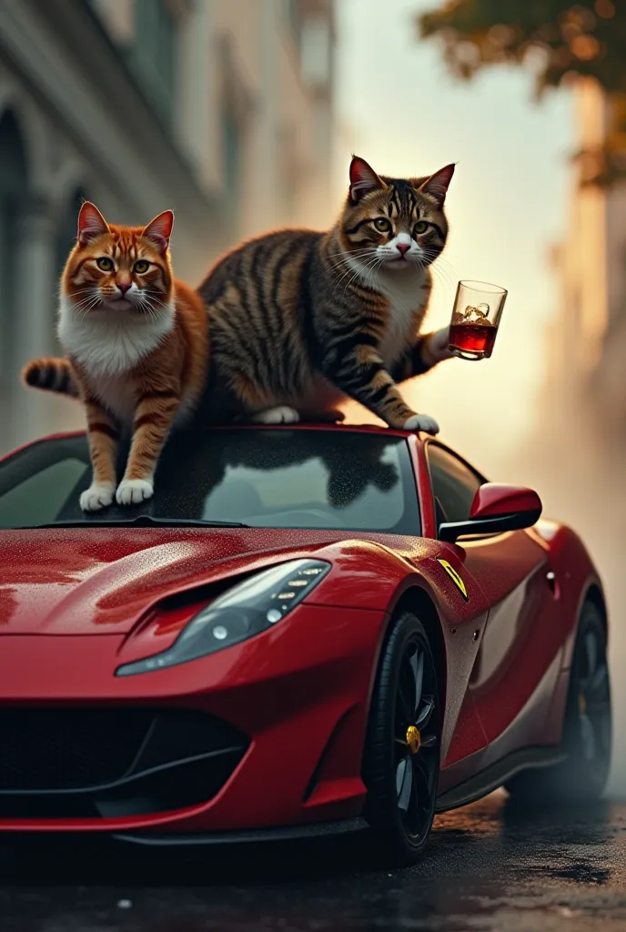 Take a picture of a black cat driving a ferrari 812 competiziune with the steering wheel drifting and on top of the car another drunk yellow white and a little brown variegated cat dancing with whiskey in his hands