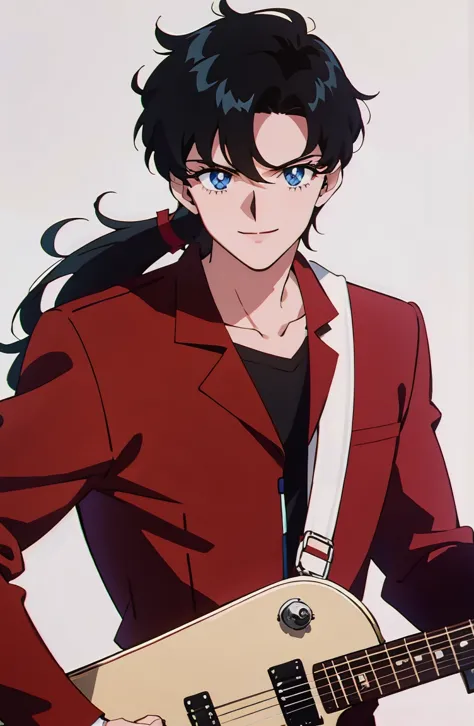 Black hair, beautiful men, low long ponytail, red suit, guitar, handsome, blue eyes, smile, muscular 