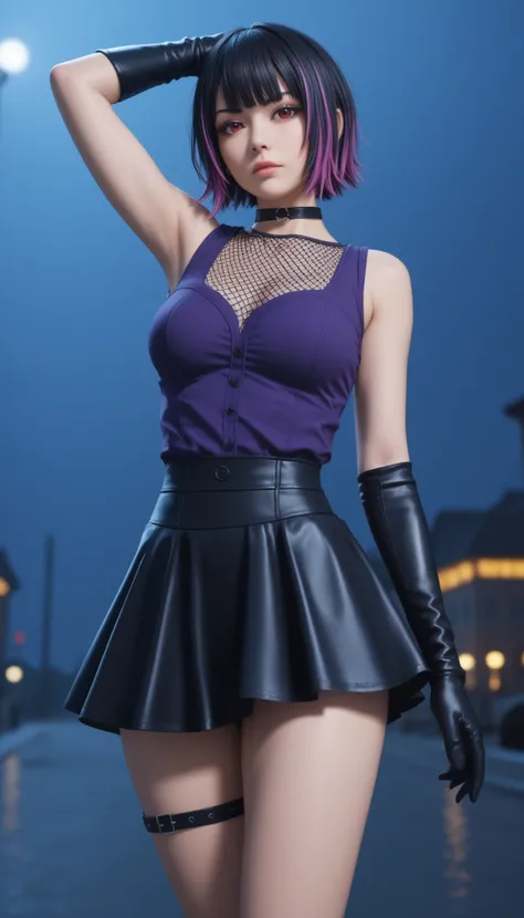 1 ,    Alone,    masterpiece,    dancing ,   ultra realistic, silky hair,    black hair topped with purple highlights,  , gothic woman, sleeveless gothic purple blouse, With mesh underneath , short leather skirt black choker, gloves without black leather f...