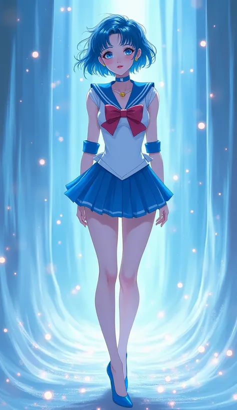 Tall and beautiful anime-style woman of approximately 25 years of age with white skin and short tousled mushroom-style hair and bright dark blue bangs, with dark blue eyes and soft pink lipstick wearing a short sleeveless dress with a straight blue necklin...