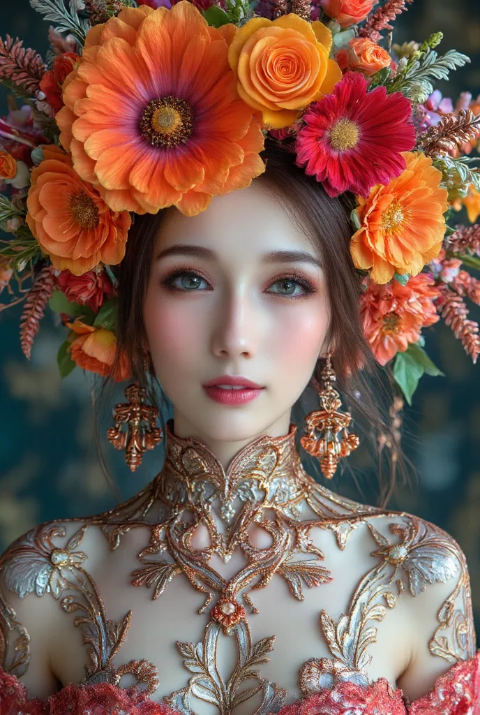 (anthropomorphic flower), (girl and flower merge), Flower Fairy, I drew a shining girl in detail, (Girl looking at viewers and smiling:1.4), Ornate and lavishly decorated figure, Picture of a shining person,long hair,( upper body photo), Calm Atmosphere,It...