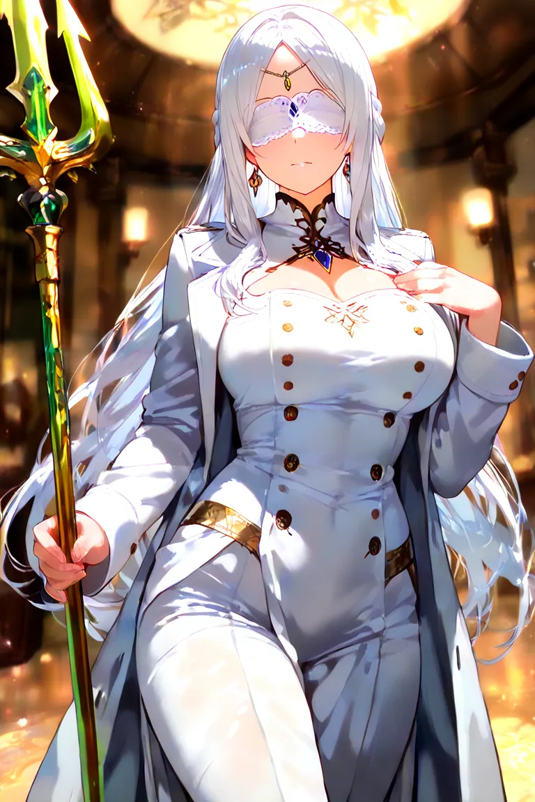 woman,white skin, White hair, long hair,blindfold, white trench coat,white pants, four arms, two-pronged trident, big breasts,anime style, full body     
    