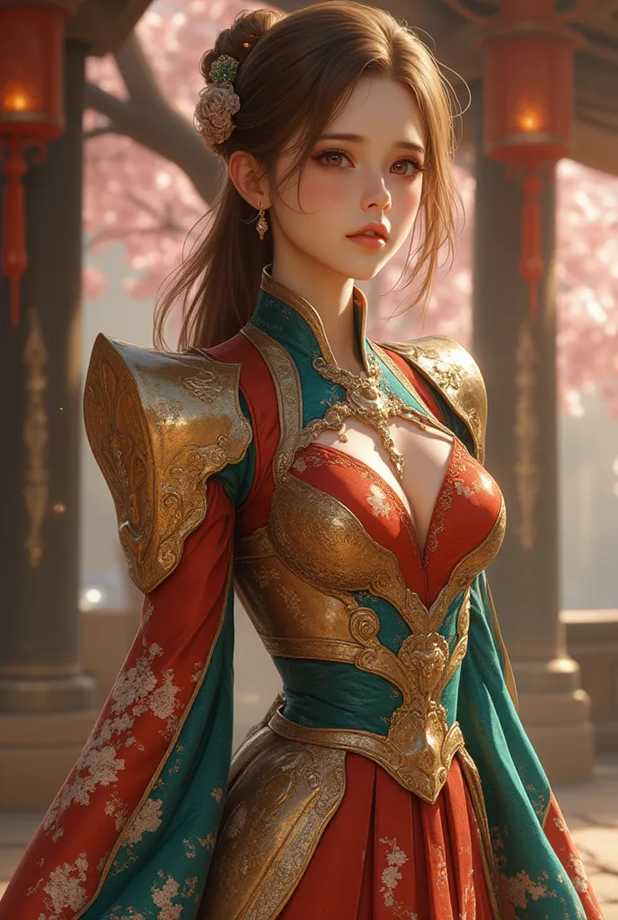 "A depiction of a woman blending the features of Scarlett Johansson and Emma Watson, a captivating young woman with an alluring presence, dressed in an ancient-inspired yet intricately designed outfit that fuses Japanese fashion with royal aesthetics. Her ...