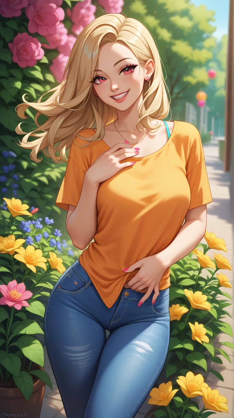 A discreet and casual image of an adult brunnet hair American woman in comic book style, smiling and appearing happy. She is dressed in casual and tasteful clothing, such as a blouse and jeans, with an aaproachable and friendly appearance. The background i...